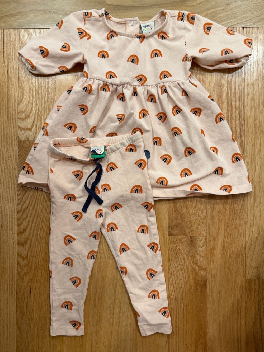 Mon Coeur Peach Rainbow Print Baby Dress & Leggings Set, size 18-24mo
